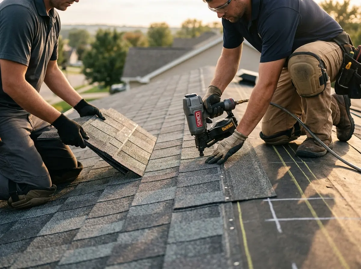 Professional roofer working on a residential roof in Catalina